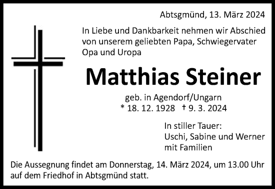 Traueranzeige von Matthias Steiner von Schwäbische Post