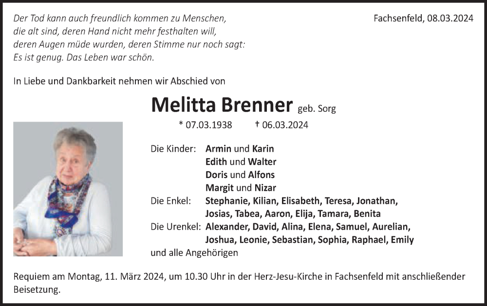  Traueranzeige für Melitta Brenner vom 08.03.2024 aus Schwäbische Post