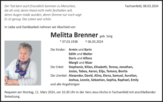 Traueranzeige von Melitta Brenner von Schwäbische Post