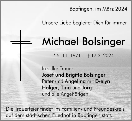 Traueranzeige von Michael Bolsinger von Schwäbische Post