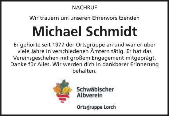 Traueranzeige von Michael Schmidt von Gmünder Tagespost