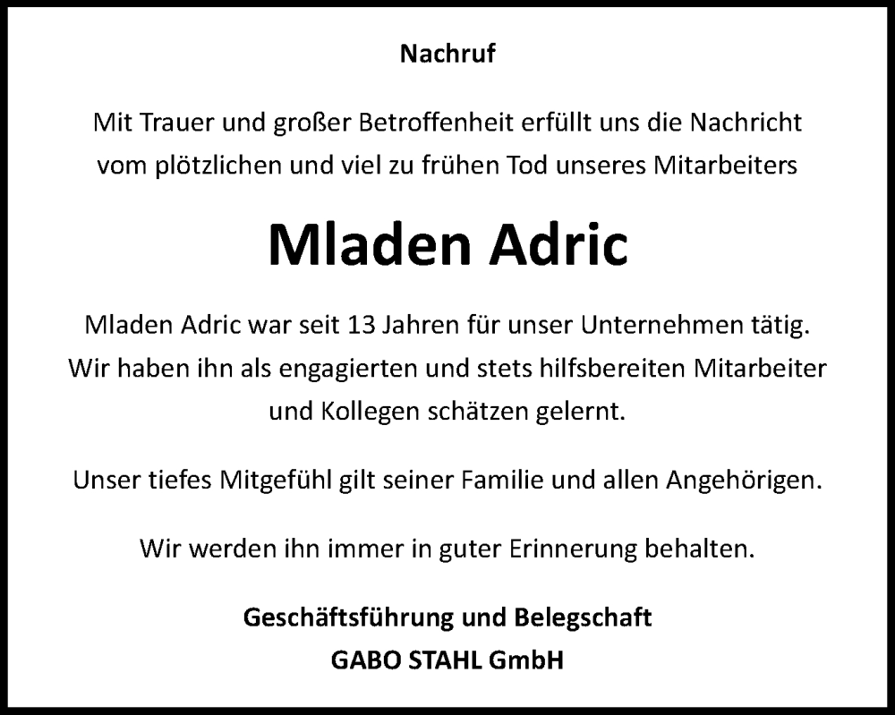  Traueranzeige für Mladen Adric vom 30.03.2024 aus Schwäbische Post