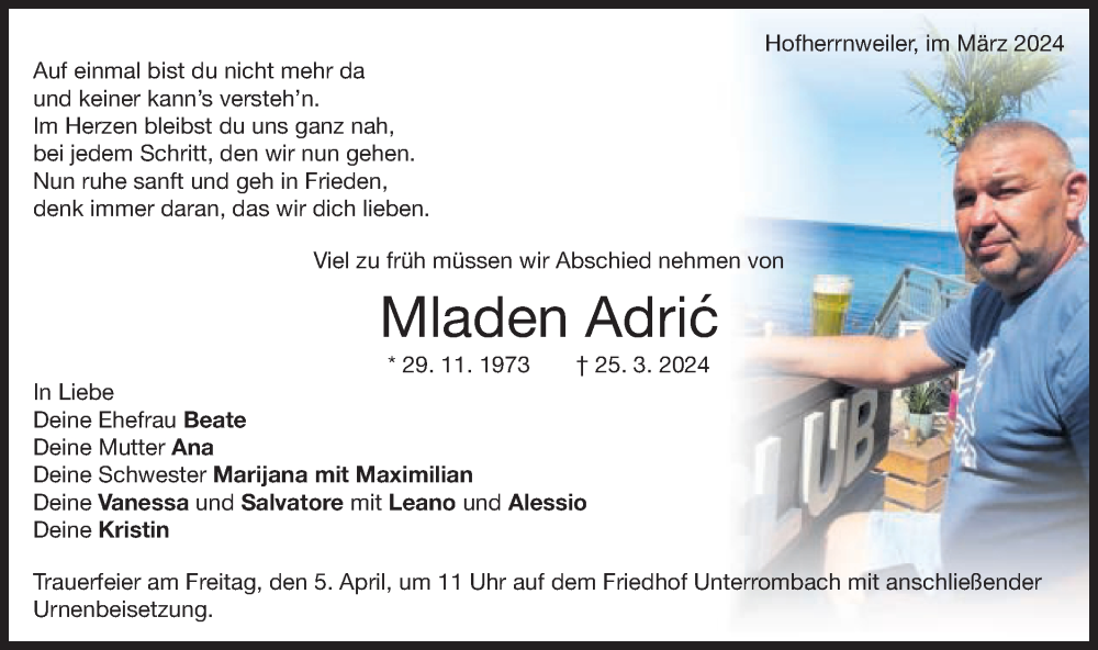  Traueranzeige für Mladen Adric vom 30.03.2024 aus Schwäbische Post