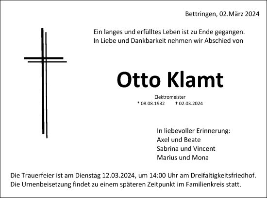 Traueranzeige von Otto Klamt von Gmünder Tagespost