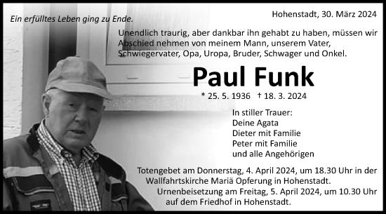 Traueranzeige von Paul Funk von Schwäbische Post