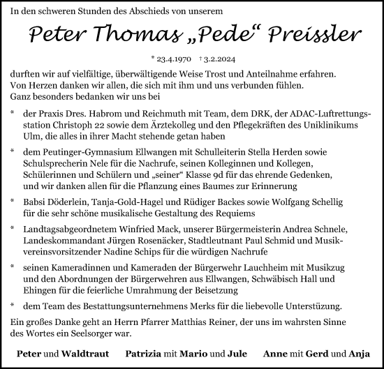 Traueranzeige von Peter Thomas Preissler von Schwäbische Post