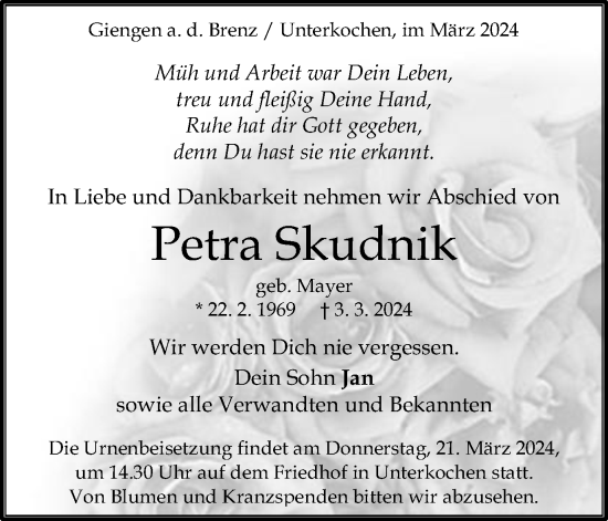 Traueranzeige von Petra Skudnik von Schwäbische Post