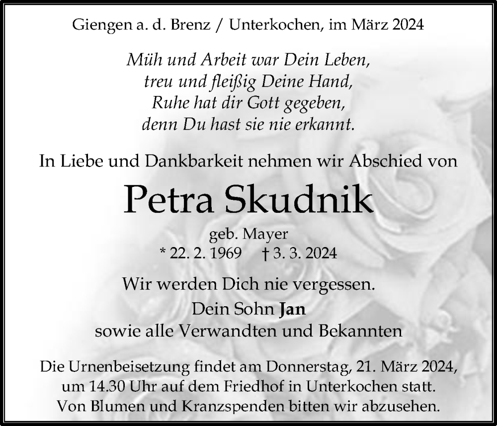  Traueranzeige für Petra Skudnik vom 19.03.2024 aus Schwäbische Post
