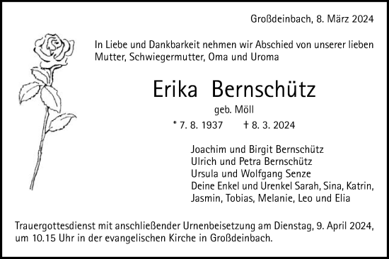 Traueranzeige von piErika Bernschütz von Gmünder Tagespost