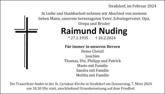 Traueranzeige von Raimund Nuding von Gmünder Tagespost