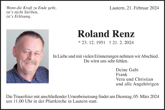 Traueranzeige von Roland Renz