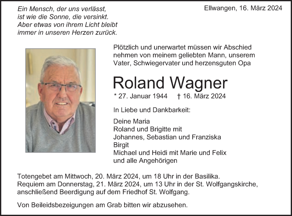  Traueranzeige für Roland Wagner vom 19.03.2024 aus Schwäbische Post