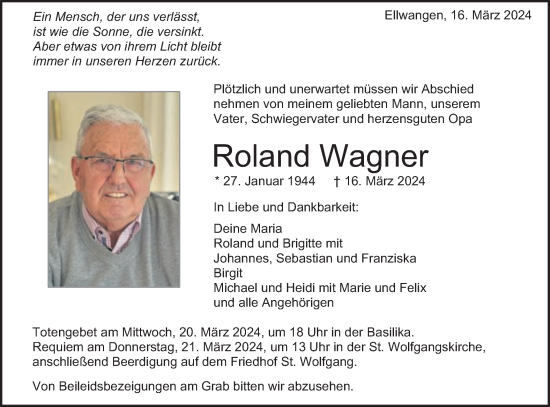 Traueranzeige von Roland Wagner von Schwäbische Post