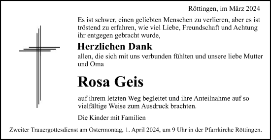 Traueranzeige von Rosa Geis von Schwäbische Post