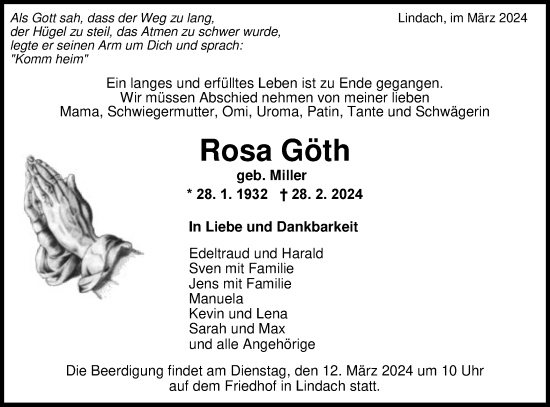 Traueranzeige von Rosa Göth von Gmünder Tagespost