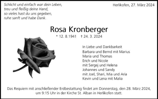 Traueranzeige von Rosa Kronberger von Gmünder Tagespost