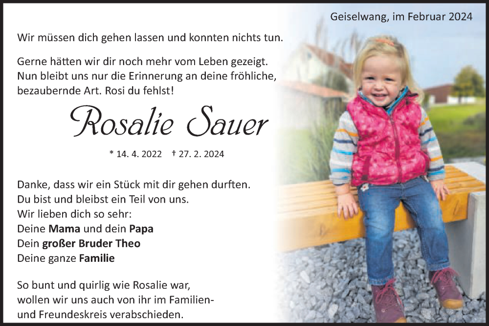  Traueranzeige für Rosalie Sauer vom 02.03.2024 aus Schwäbische Post