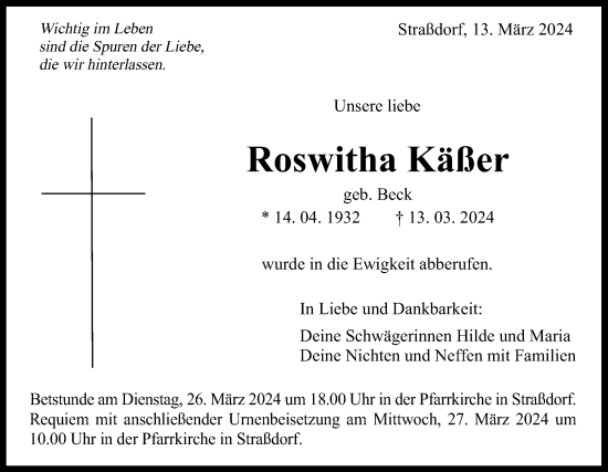 Traueranzeige von Roswitha Käßer von Gmünder Tagespost