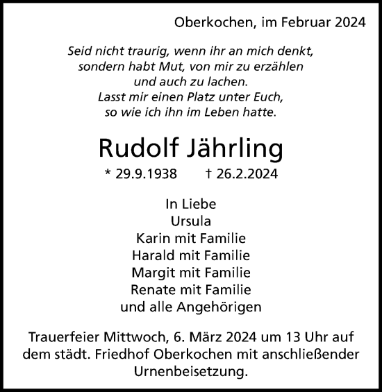Traueranzeige von Rudolf Jährling von Schwäbische Post