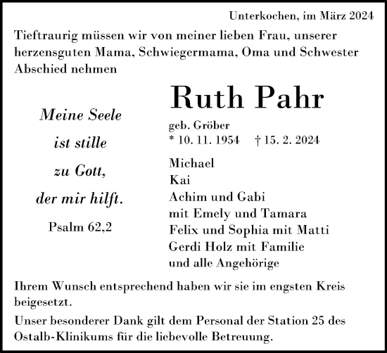 Traueranzeige von Ruth Pahr von Schwäbische Post