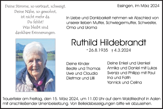 Traueranzeige von Ruthild Hildebrandt von Schwäbische Post