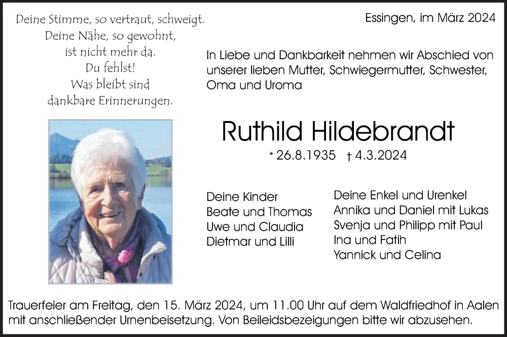  Traueranzeige für Ruthild Hildebrandt vom 09.03.2024 aus Schwäbische Post