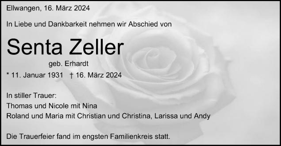 Traueranzeige von Senta Zeller