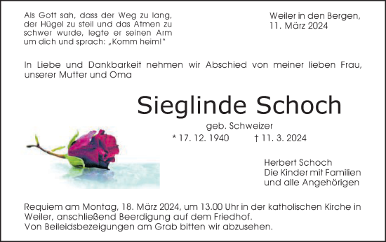 Traueranzeige von Sieglinde Schoch von Gmünder Tagespost