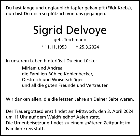 Traueranzeige von Sigrid Delvoye von Schwäbische Post
