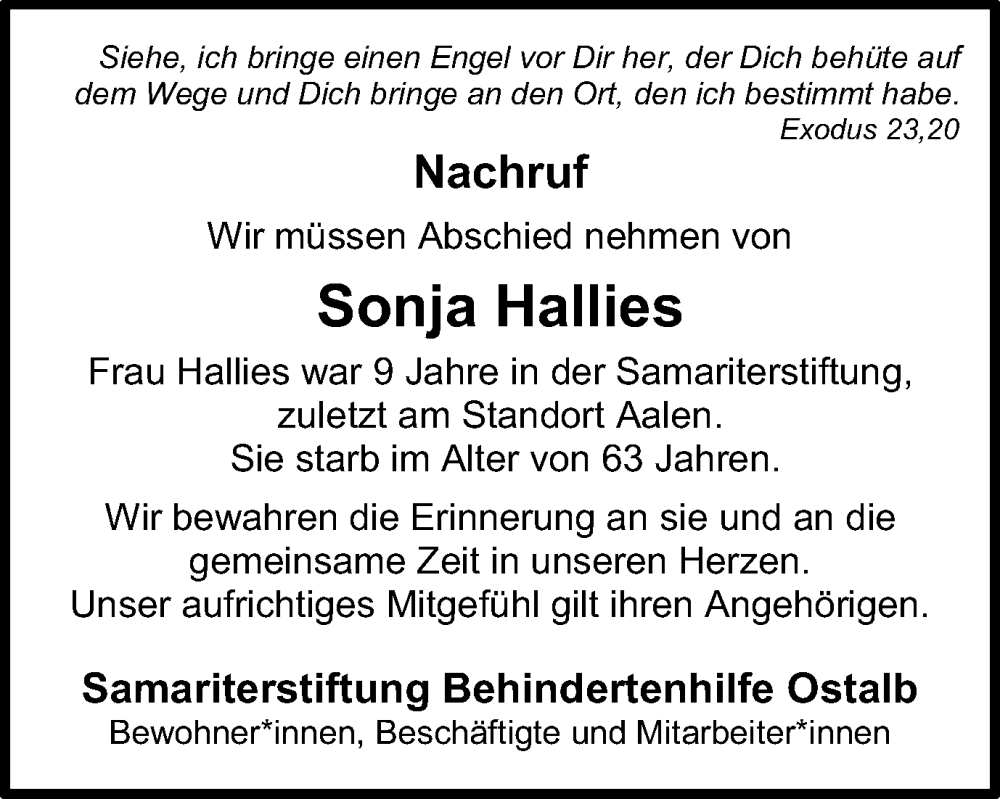  Traueranzeige für Sonja Hallies vom 16.03.2024 aus Schwäbische Post