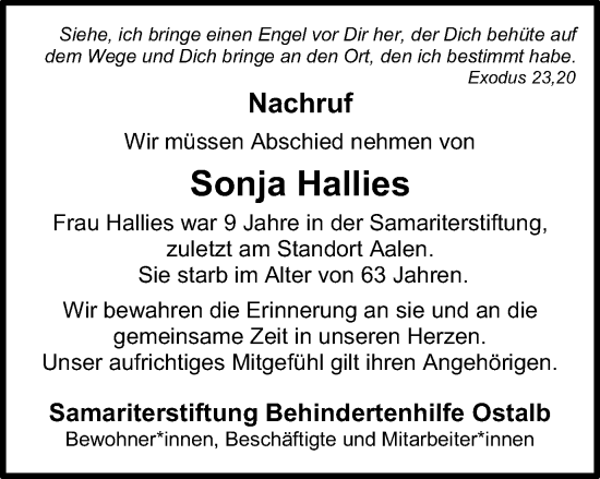 Traueranzeige von Sonja Hallies von Schwäbische Post