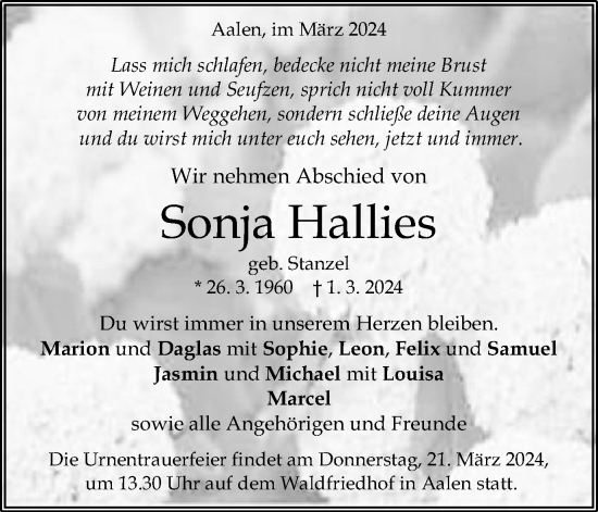 Traueranzeige von Sonja Hallies von Schwäbische Post