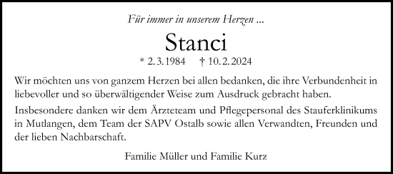 Traueranzeige von Stanci  von Gmünder Tagespost