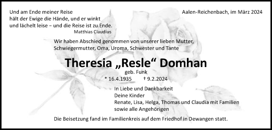 Traueranzeige von Theresia  Domhan von Schwäbische Post