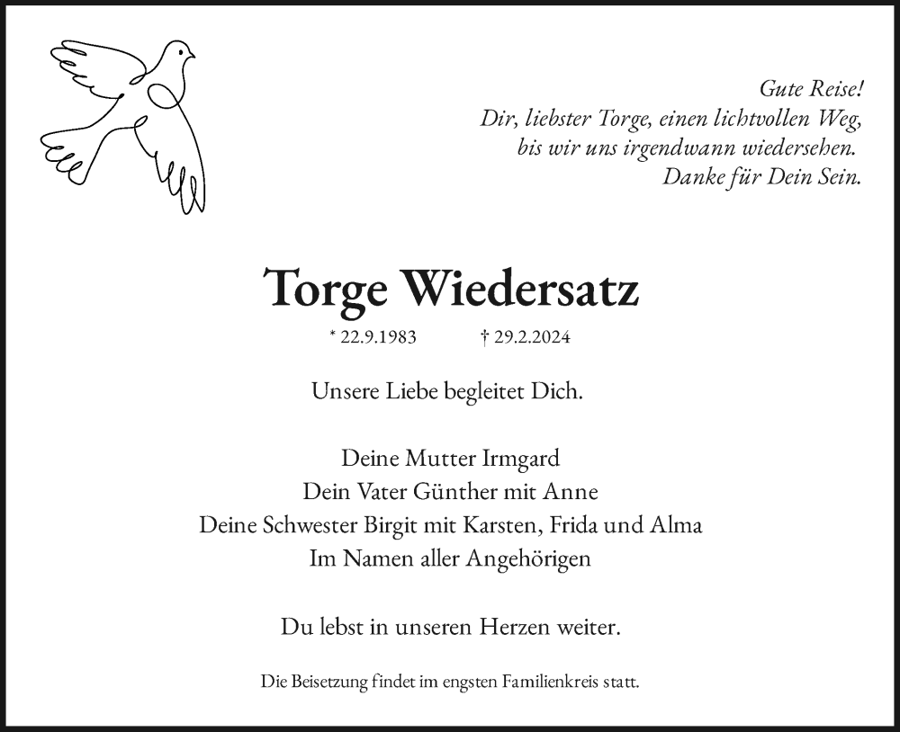  Traueranzeige für Torge Wiedersatz vom 09.03.2024 aus Schwäbische Post