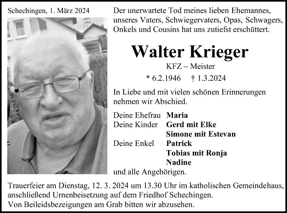  Traueranzeige für Walter Krieger vom 08.03.2024 aus Gmünder Tagespost