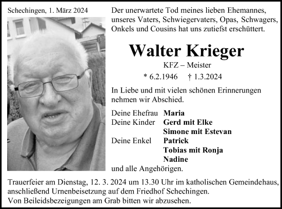 Traueranzeige von Walter Krieger