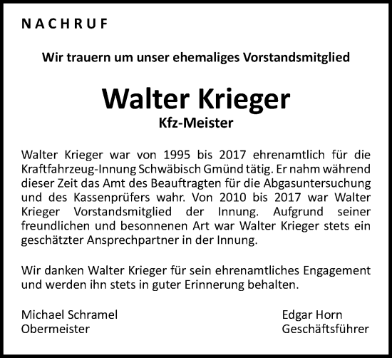 Traueranzeige von Walter Krieger von Gmünder Tagespost