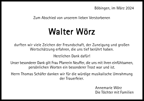 Traueranzeige von Walter Wörz von Gmünder Tagespost