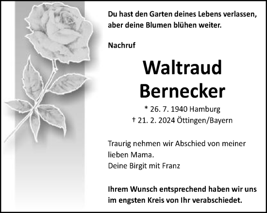 Traueranzeige von Waltraud Bernecker von Schwäbische Post
