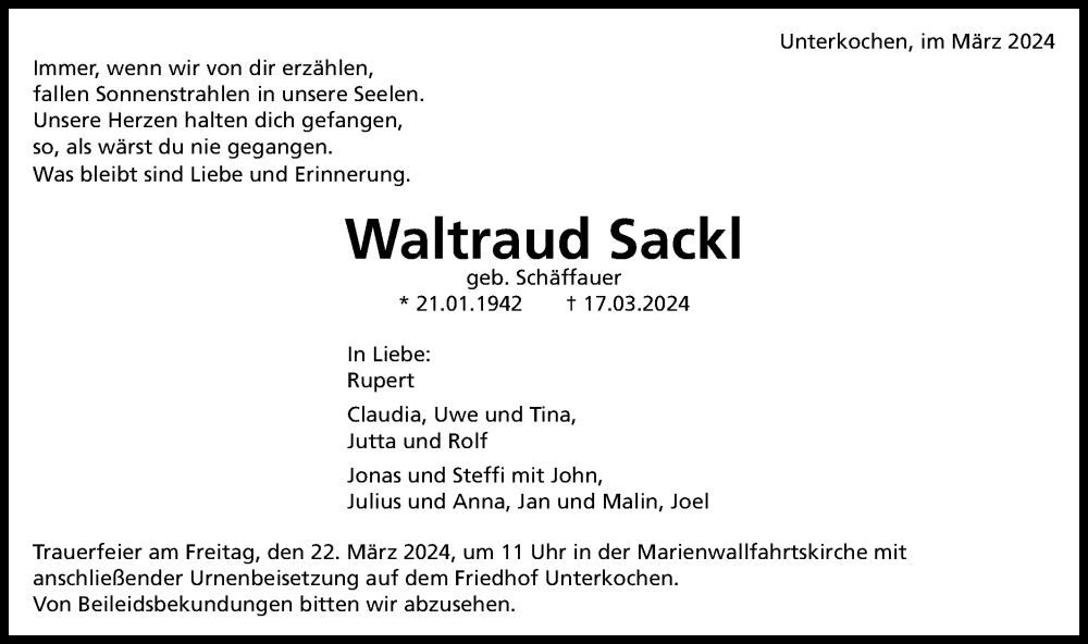  Traueranzeige für Waltraud Sackl vom 20.03.2024 aus Schwäbische Post