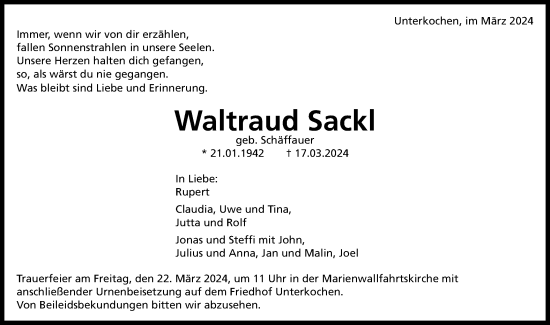 Traueranzeige von Waltraud Sackl von Schwäbische Post