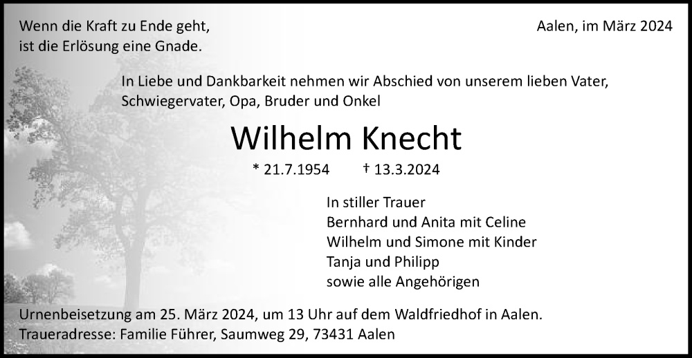  Traueranzeige für Wilhelm Knecht vom 21.03.2024 aus Schwäbische Post