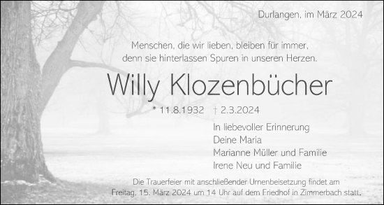 Traueranzeige von Willy Klozenbücher von Gmünder Tagespost