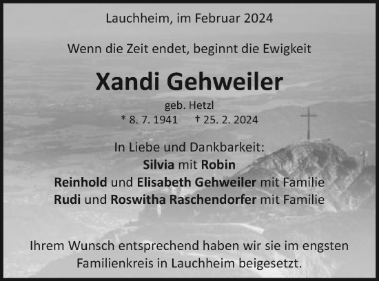 Traueranzeige von Xandi Gehweiler von Schwäbische Post