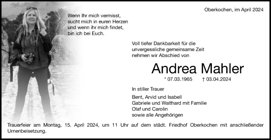 Traueranzeige von Andrea Mahler von Schwäbische Post
