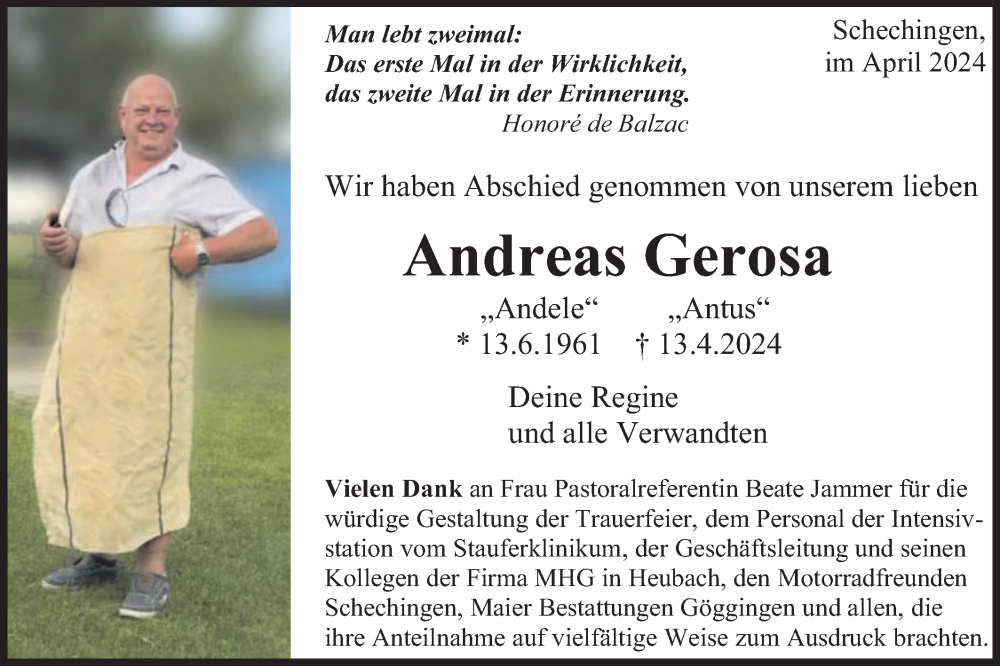  Traueranzeige für Andreas Gerosa vom 26.04.2024 aus Gmünder Tagespost