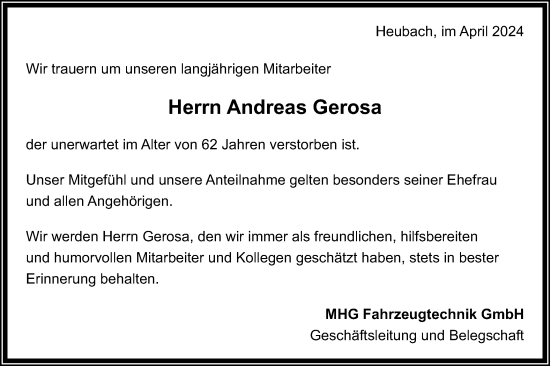 Traueranzeige von Andreas Gerosa von Gmünder Tagespost