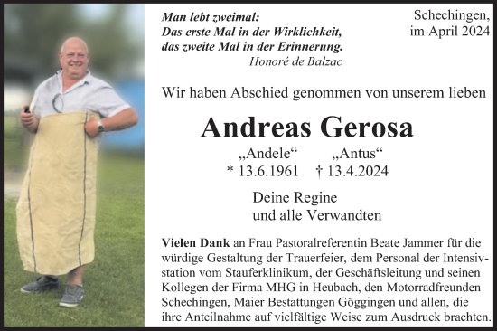 Traueranzeige von Andreas Gerosa von Gmünder Tagespost