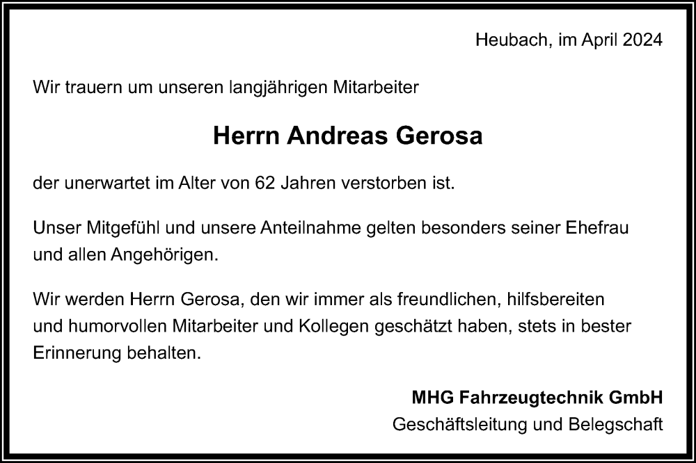  Traueranzeige für Andreas Gerosa vom 26.04.2024 aus Gmünder Tagespost